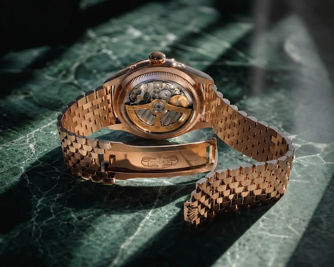 Everose gold Perpetual Padellone on its bracelet, caseback up on green marble