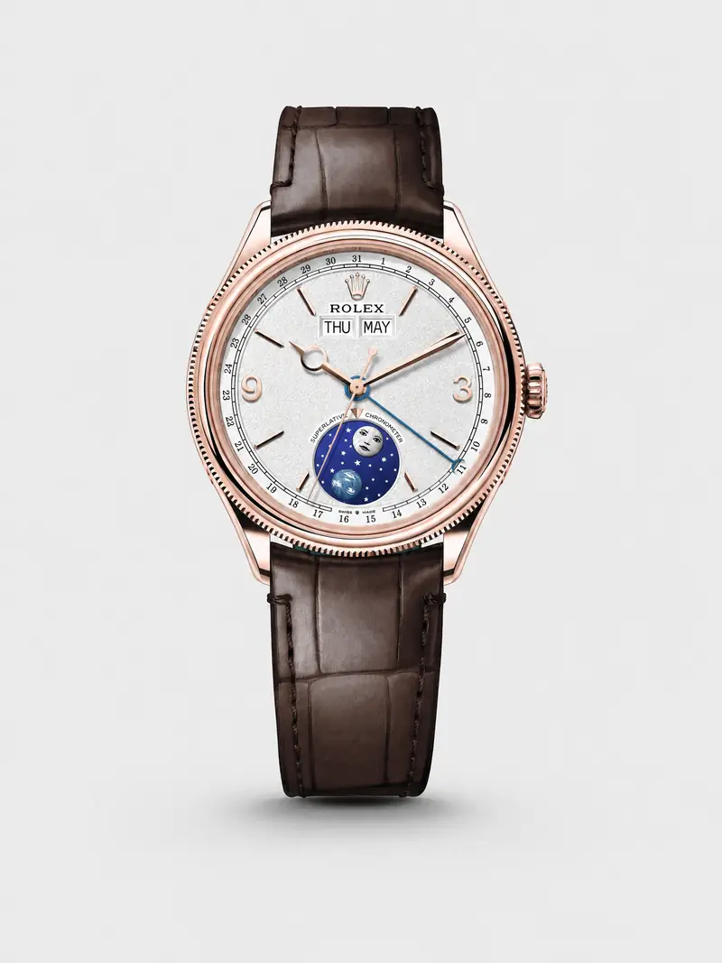 Rolex Perpetual Padellone in Everose gold on a brown leather strap, front view