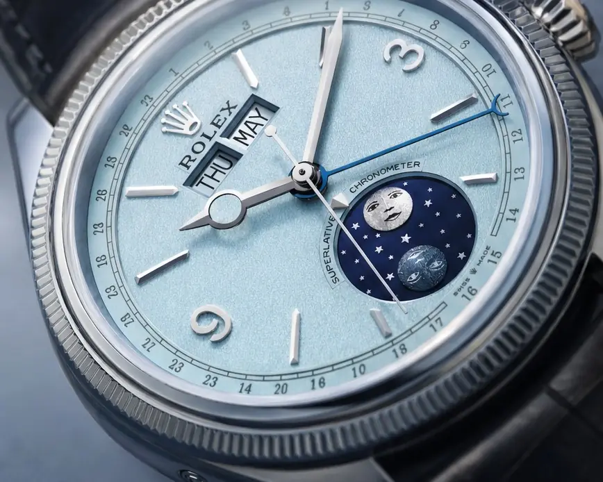 Close-up of the platinum Perpetual Padellone's ice-blue dial and blue enamel moonphase