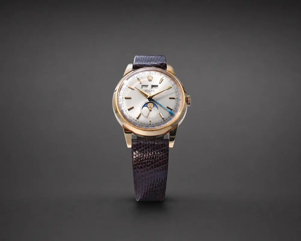 Vintage Rolex Padellone complete calendar with moonphase in gold on a leather strap